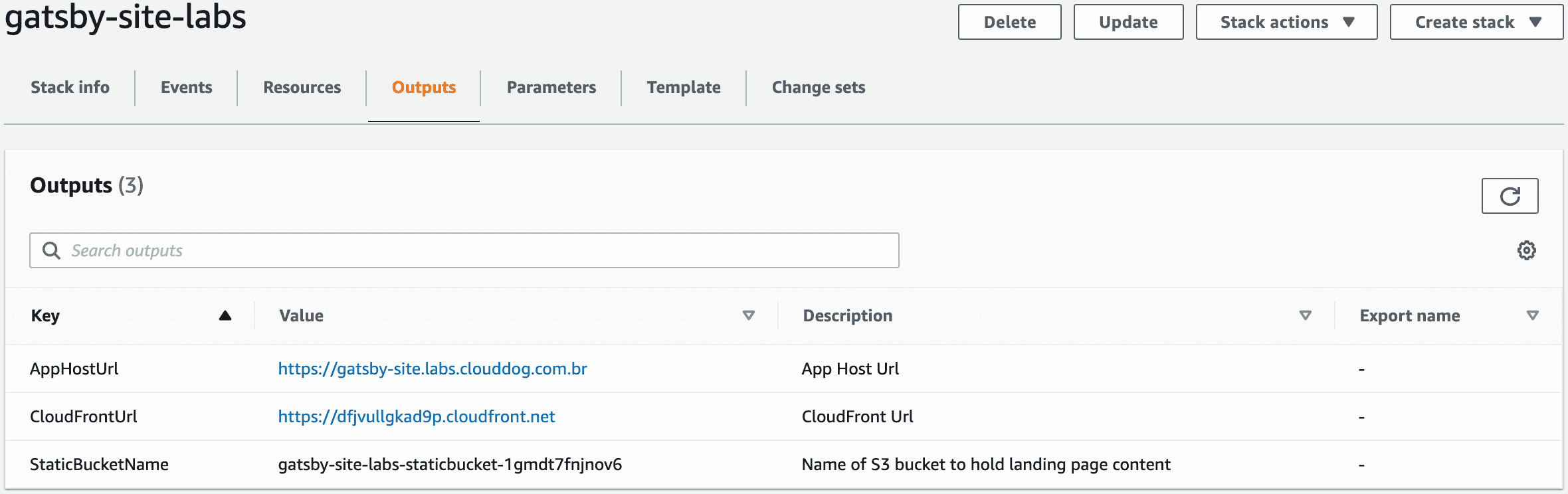 Passo 6: Outputs do Stack do Gatsby