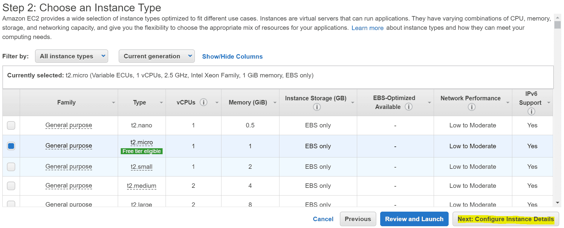 Passo 1: Escolhendo o Tipo de Instância